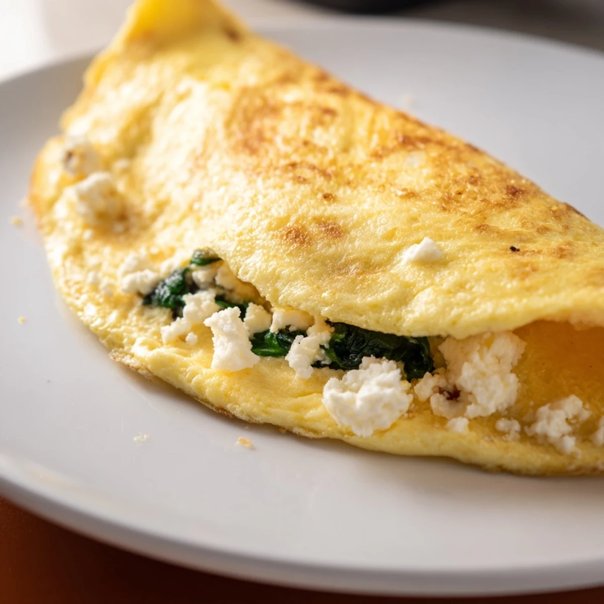 Golden spinach feta omelet recipe with fluffy folded eggs and melting crumbles