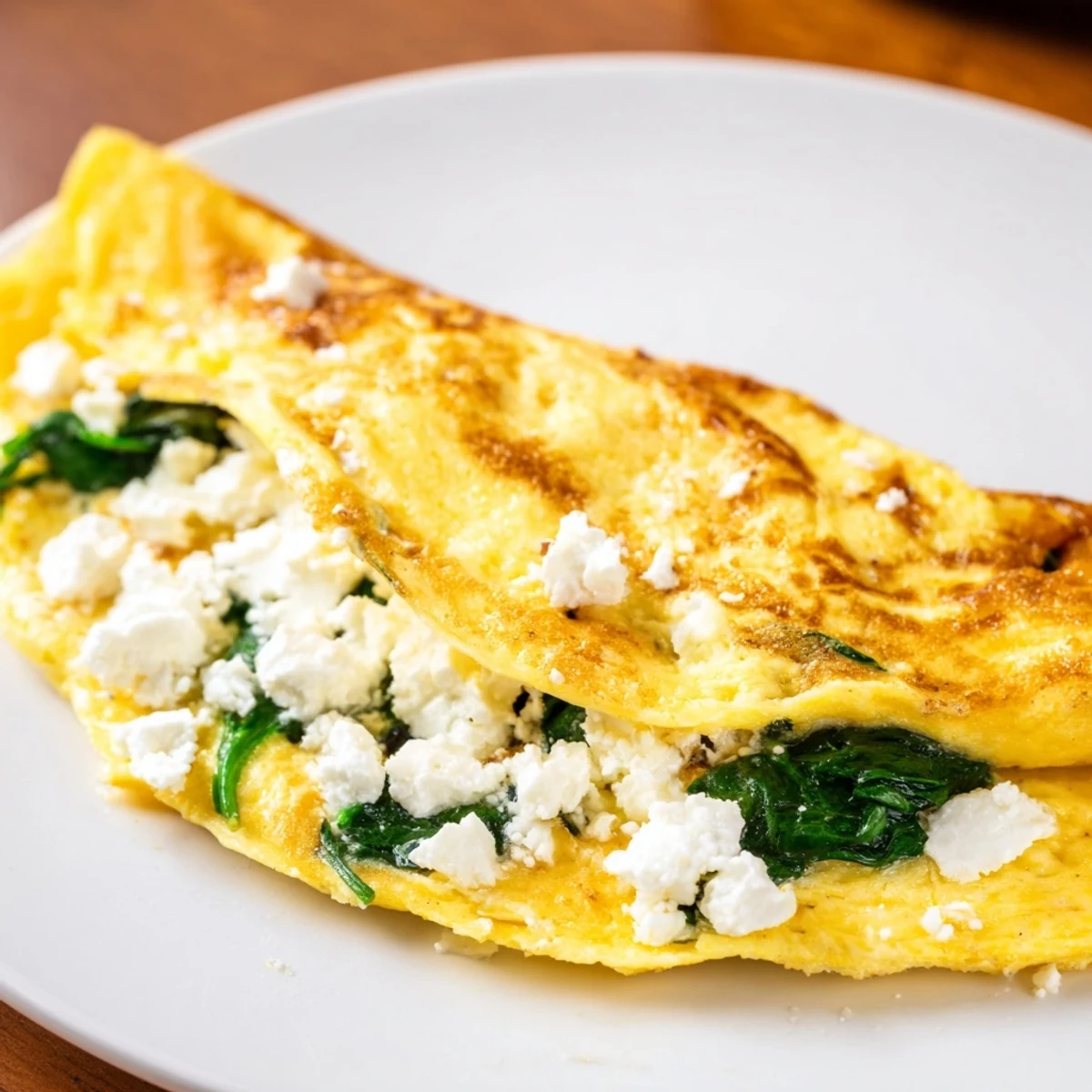 Mediterranean spinach feta omelet recipe plated with wilted greens and creamy cheese