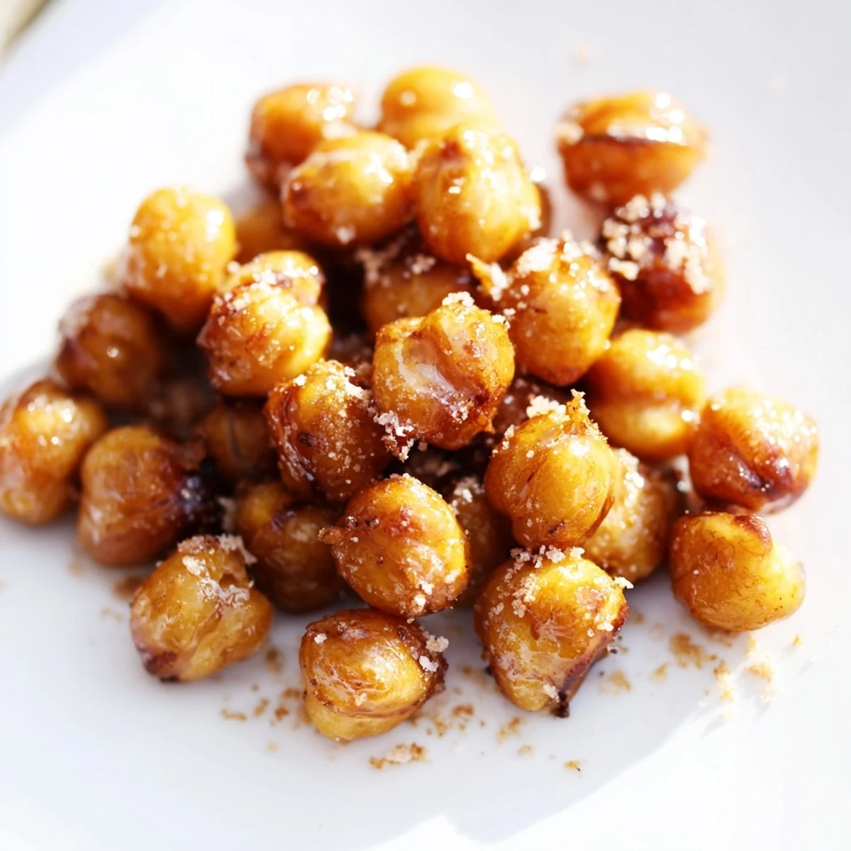 Golden brown cinnamon roasted chickpeas arranged in a rustic wooden bowl with visible spice coating