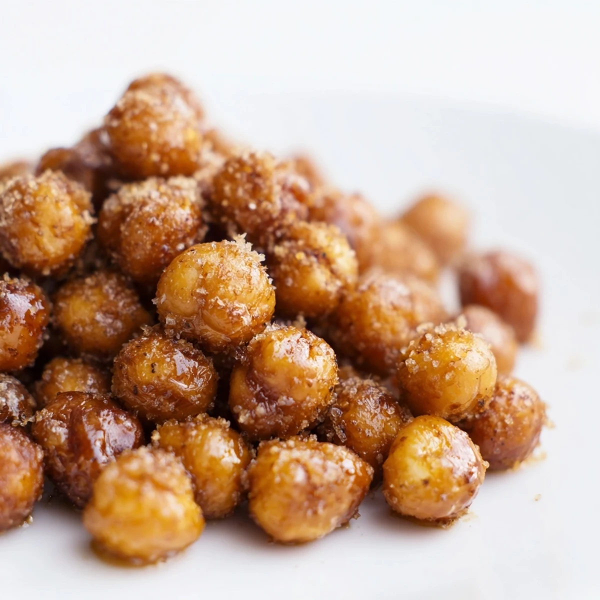 Crispy oven-baked cinnamon roasted chickpeas scattered on parchment paper with a dusting of coconut sugar