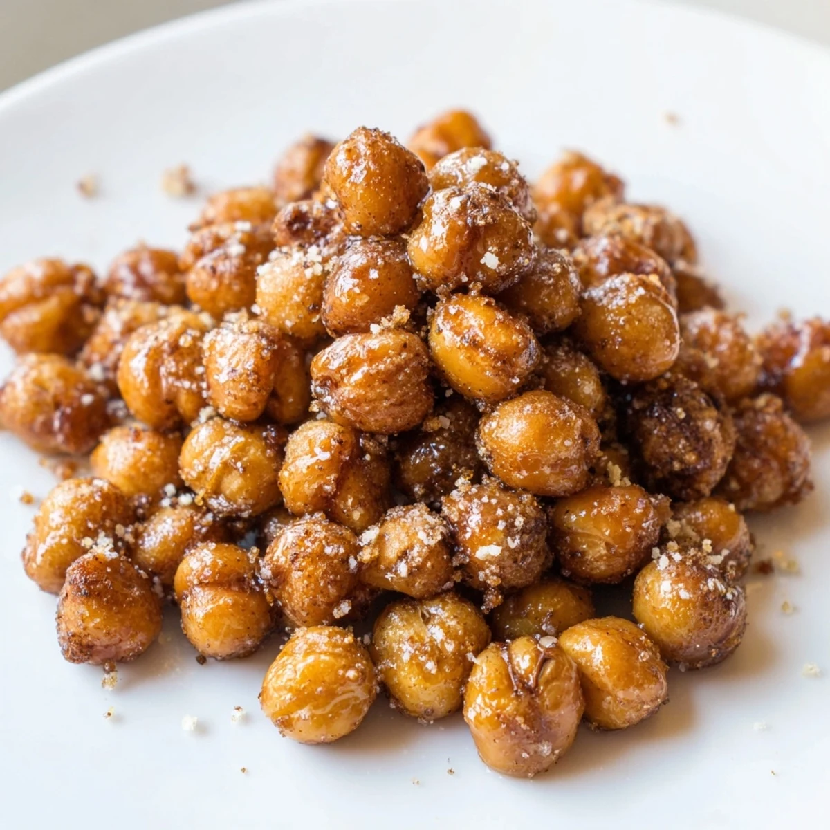Close-up of crunchy cinnamon roasted chickpeas showcasing their caramelized glaze and aromatic spice coating
