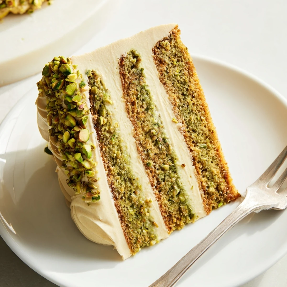 Slice of pistachio cake with thick pistachio buttercream frosting on a white plate