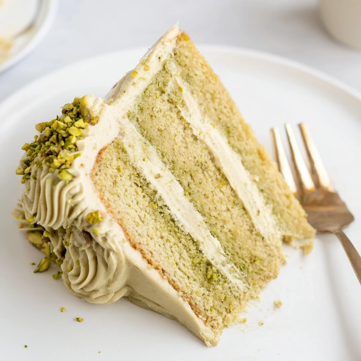 Moist pistachio cake layered with creamy green pistachio buttercream and chopped nut garnish