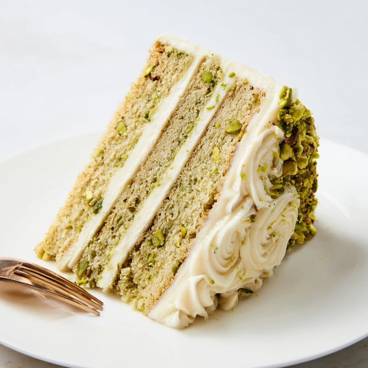 Two-tiered pistachio cake with smooth buttercream frosting and crushed pistachio topping