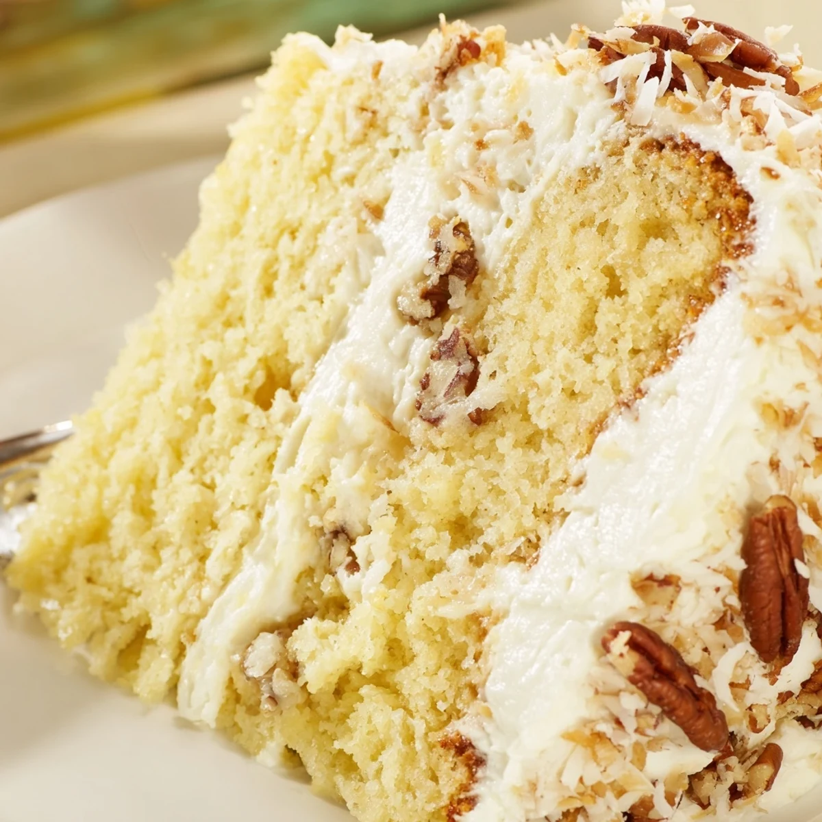 Slice of Quick Italian Cream Cake revealing moist layers with coconut pecans and creamy frosting