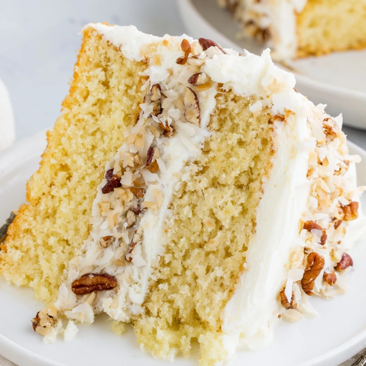Homemade Quick Italian Cream Cake with thick cream cheese frosting and coconut pecan sprinkles