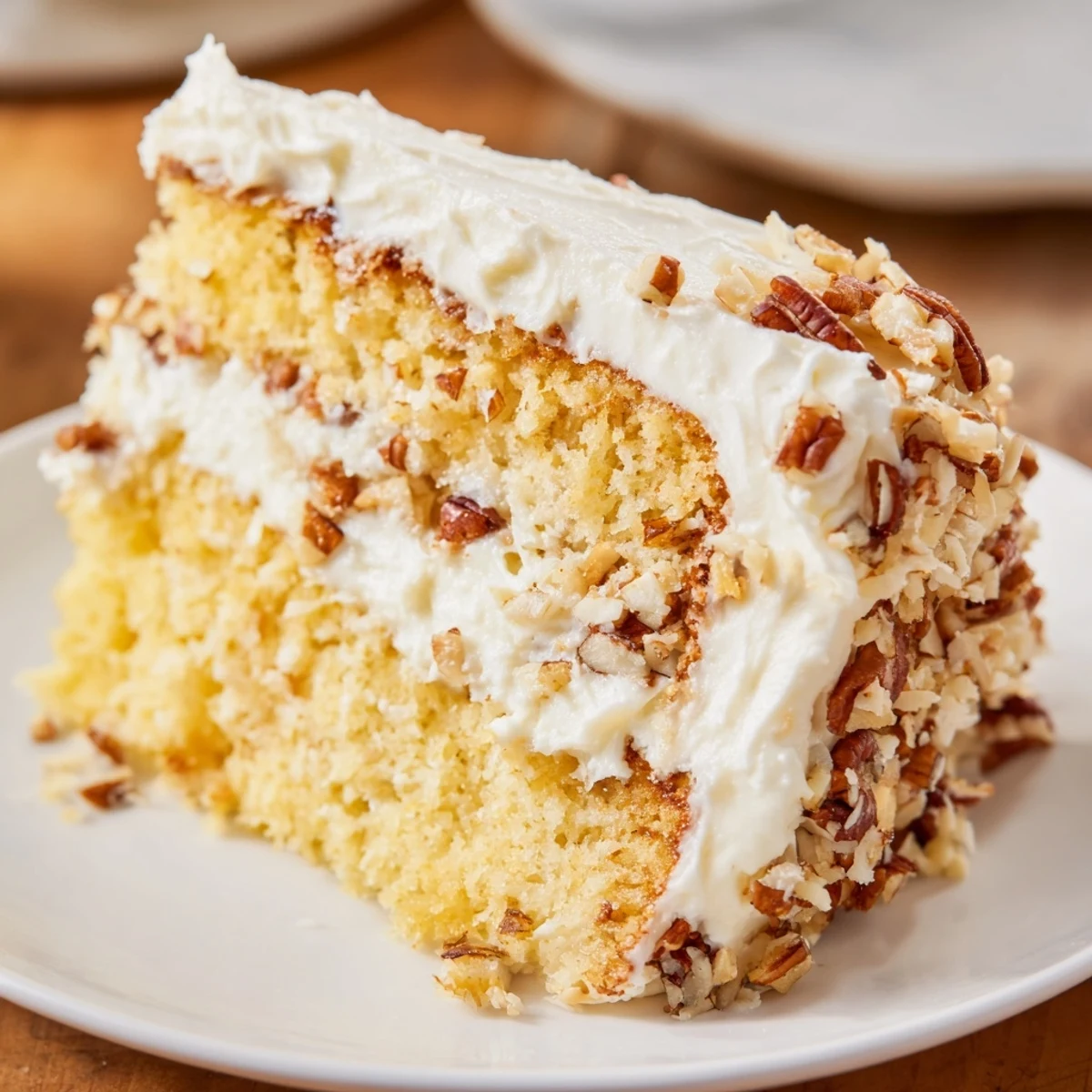 Quick Italian Cream Cake topped with toasted coconut and pecans on a white serving plate