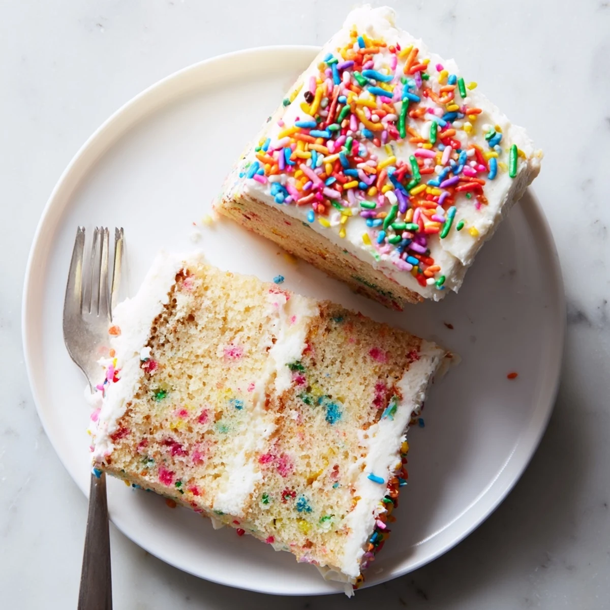 Festive Funfetti cake with rainbow sprinkles baked inside fluffy vanilla layers and topped with creamy white buttercream frosting