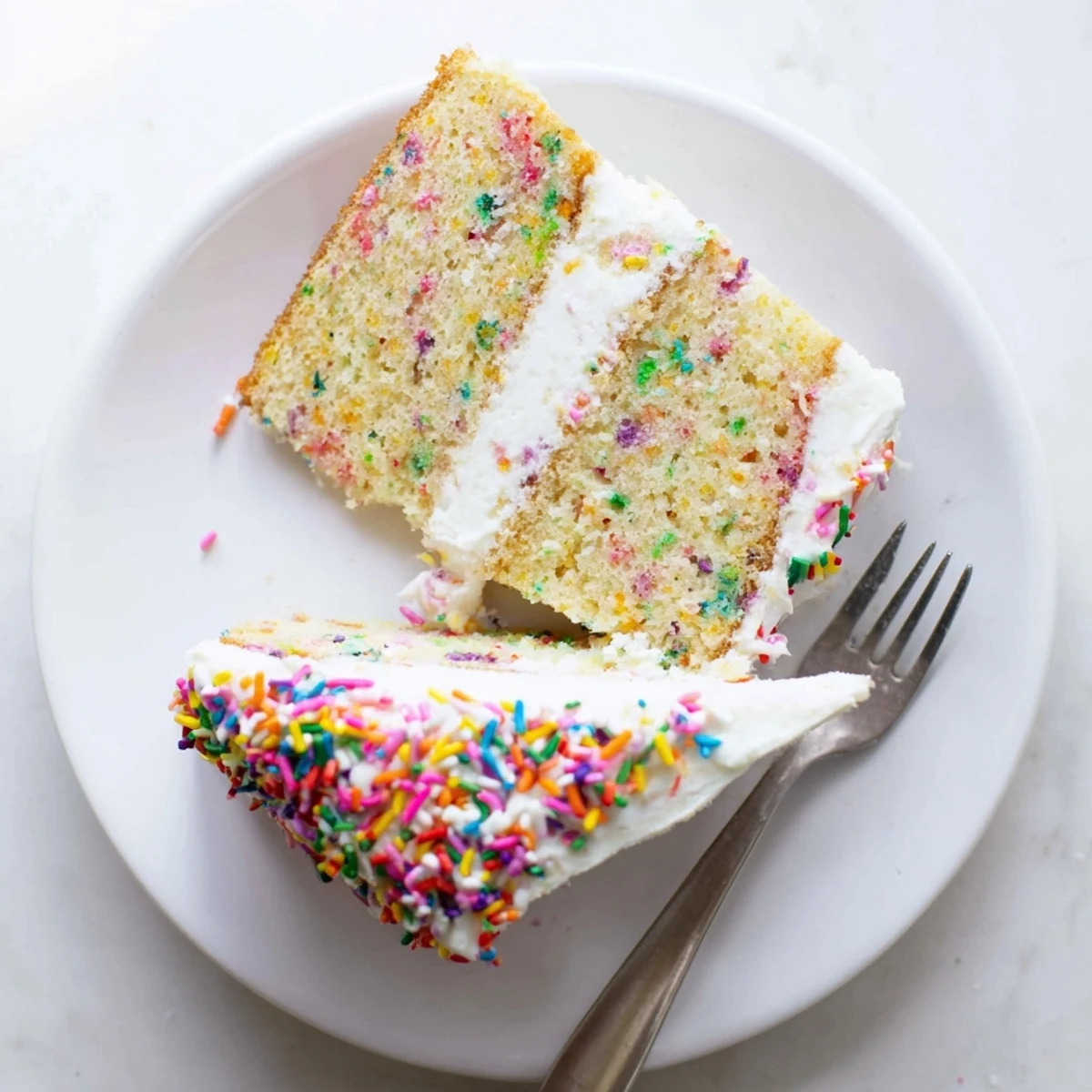 Slice of homemade Funfetti cake displaying colorful sprinkles throughout the tender yellow crumb beneath smooth vanilla buttercream