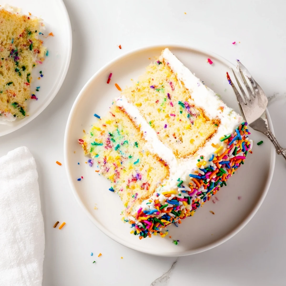 Two-layer Funfetti celebration cake covered in white frosting and decorated with extra rainbow sprinkles for a festive birthday dessert