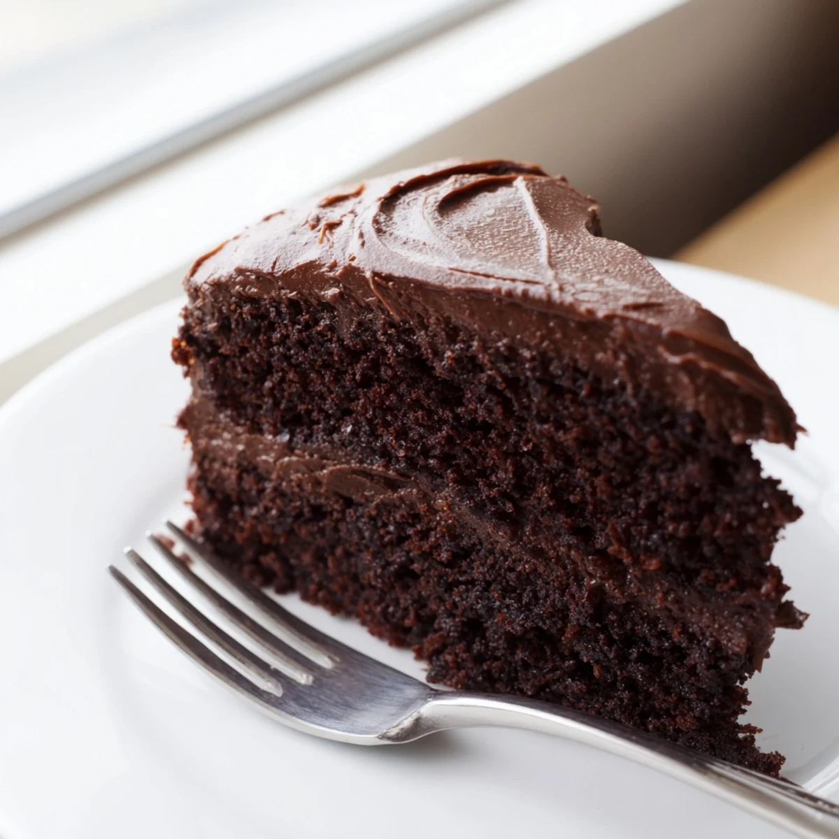 Rich double-layer Matildas chocolate cake topped with smooth chocolate frosting on a white serving plate