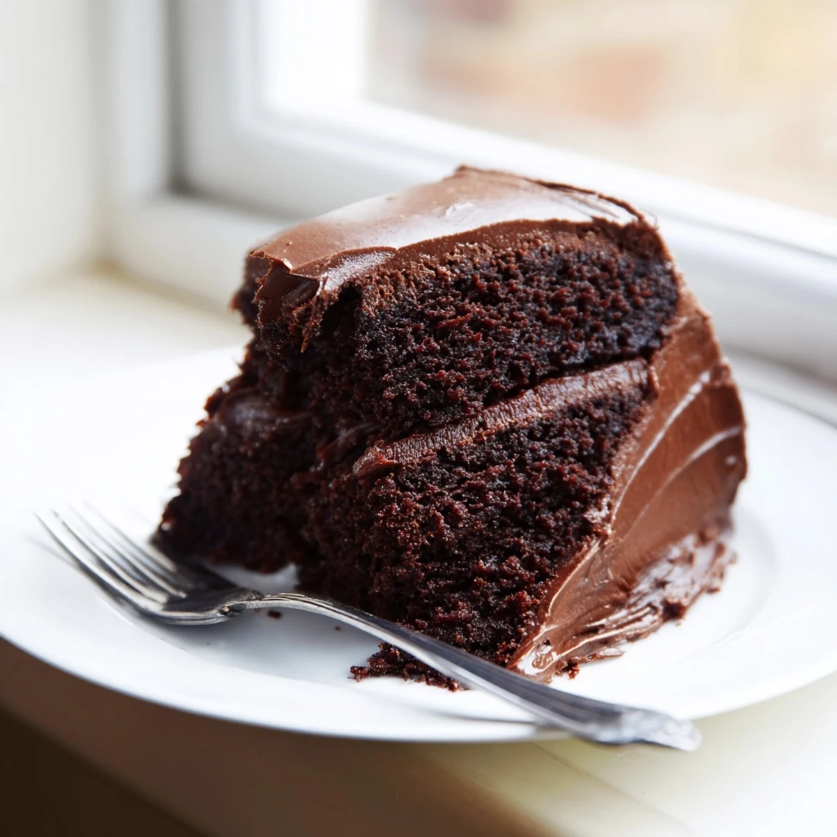 Decadent Matildas chocolate cake slice revealing moist dark crumb topped with creamy buttercream swirls