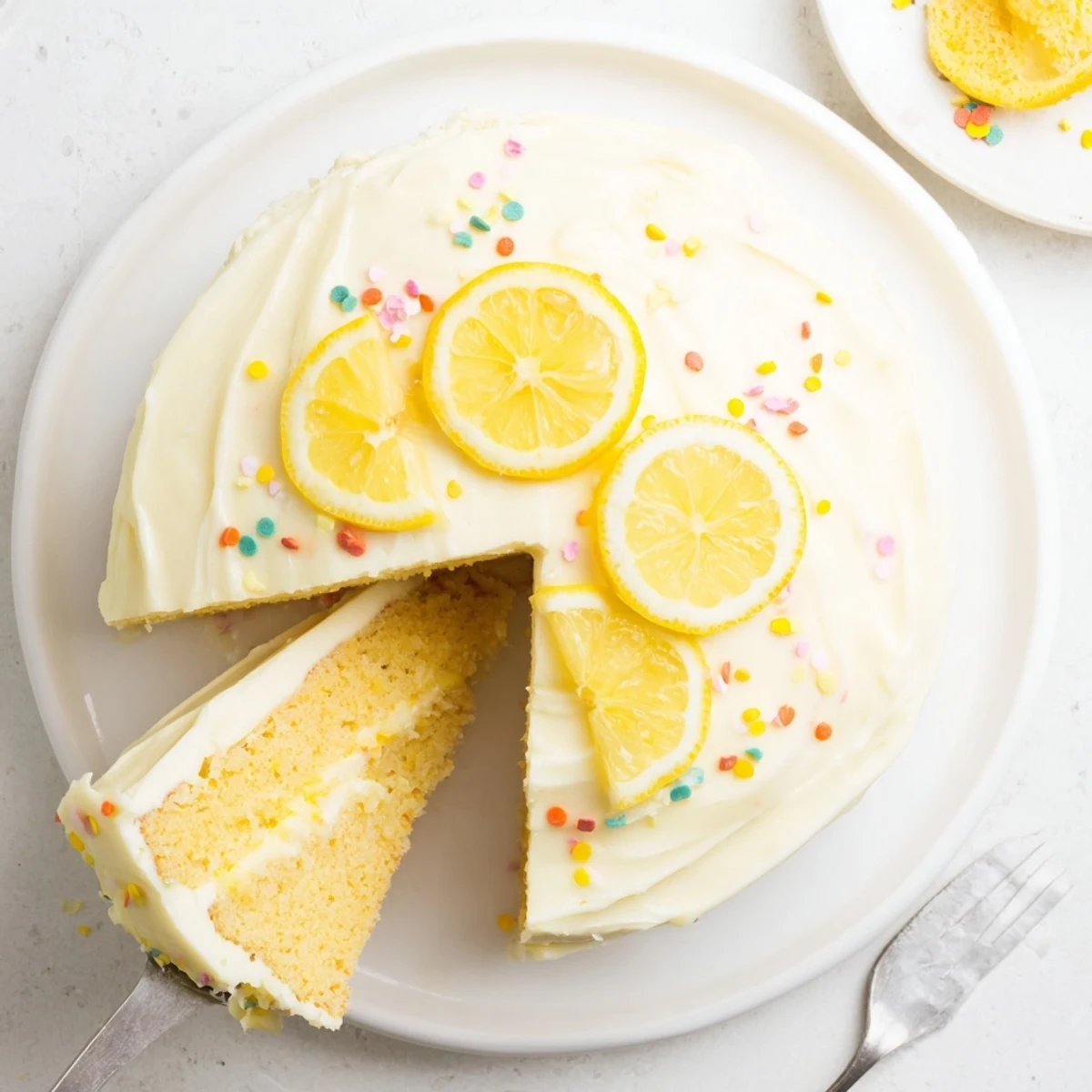 Golden lemon birthday cake with fluffy white cream cheese frosting topped with fresh lemon slices