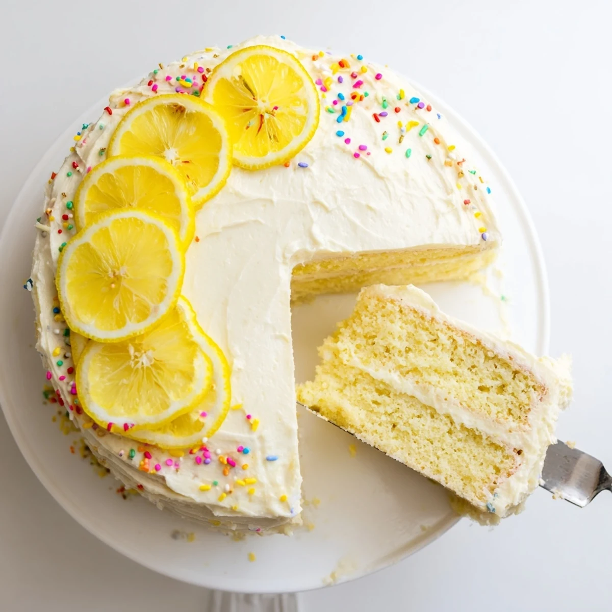 Two-layer bright lemon birthday cake swirled with tangy frosting and decorated with colorful sprinkles