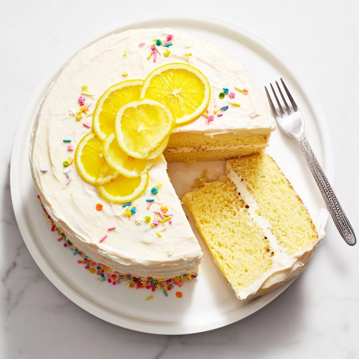 Festive lemon birthday cake on a white serving plate showing creamy frosting layers and citrus garnish