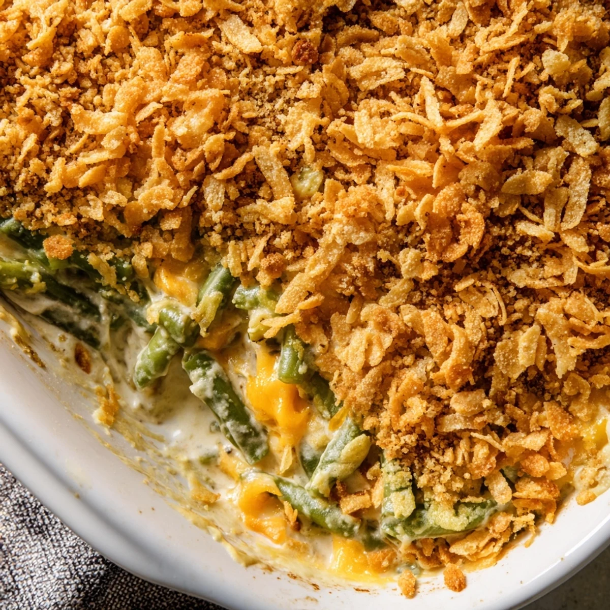 Golden brown green bean casserole with crispy buttery Ritz cracker topping bubbling in a baking dish