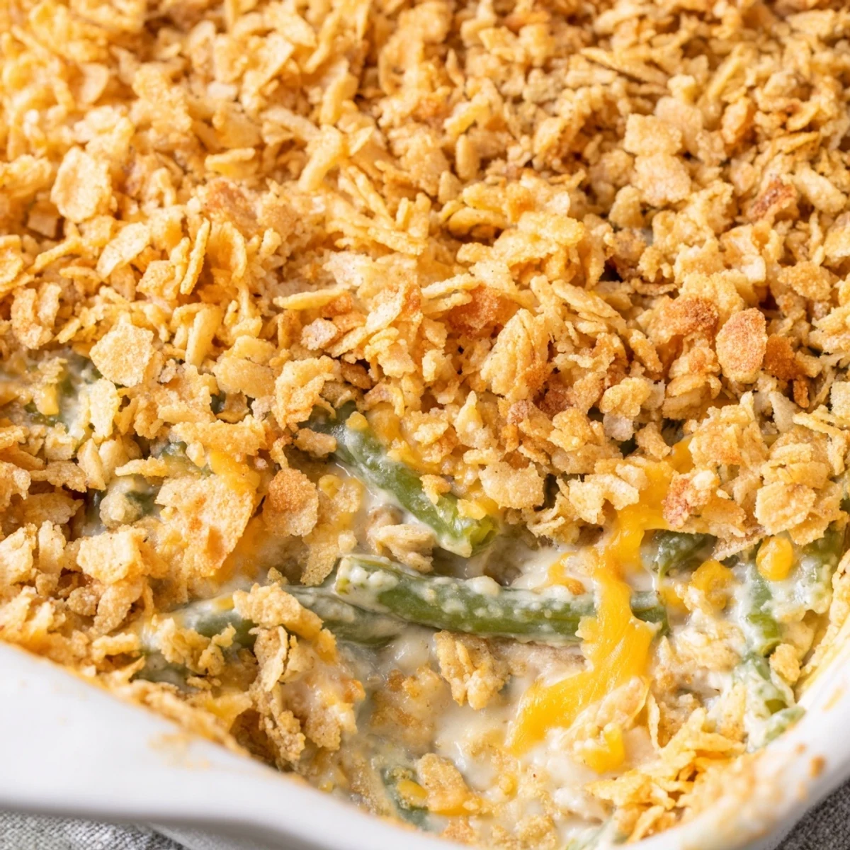 Creamy green bean casserole topped with crushed Ritz crackers fresh from the oven with steam rising
