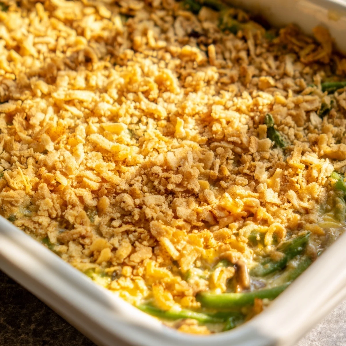 Holiday green bean casserole with melted cheddar and golden Ritz cracker crust served in a white baking dish