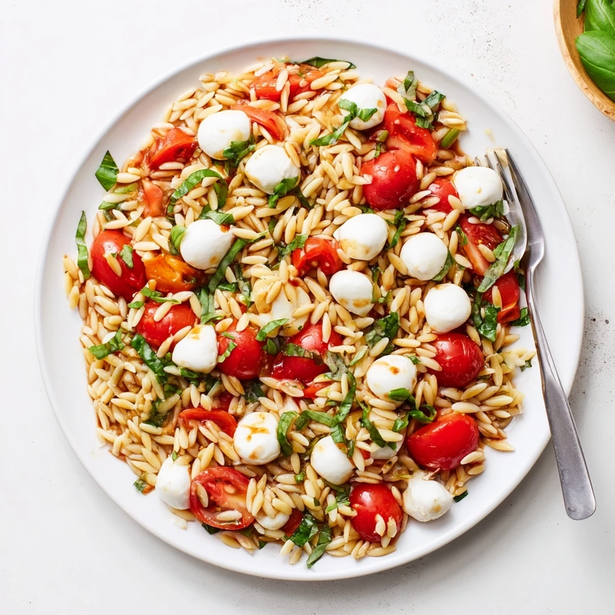 Vibrant Caprese orzo pasta salad featuring tender pasta, halved cherry tomatoes, and fresh basil