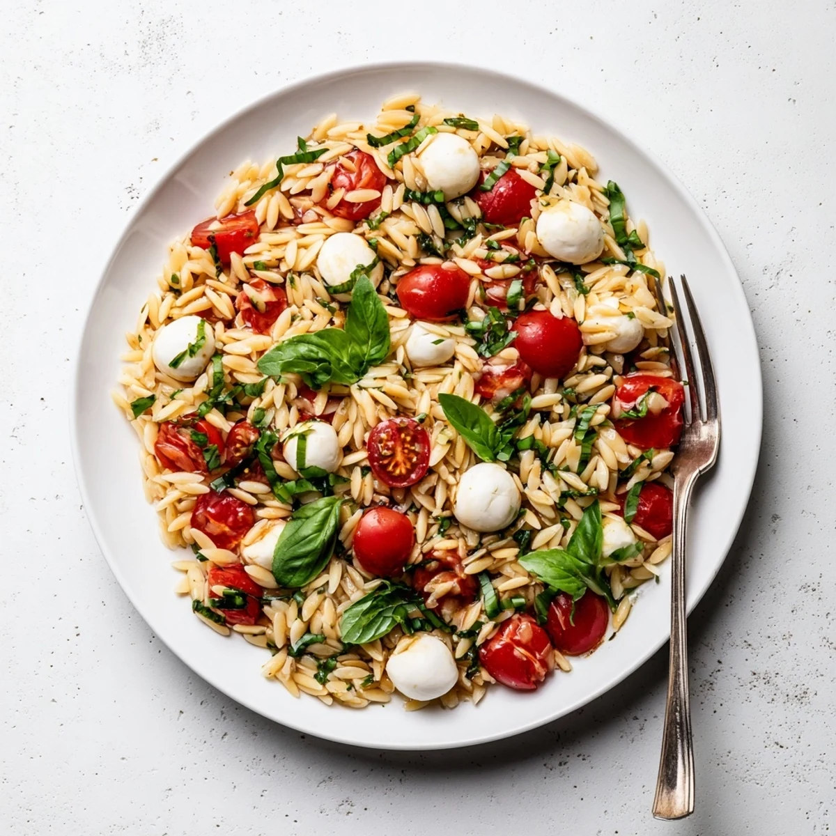 Bowl of chilled Caprese orzo pasta salad tossed in balsamic vinaigrette with summer vegetables