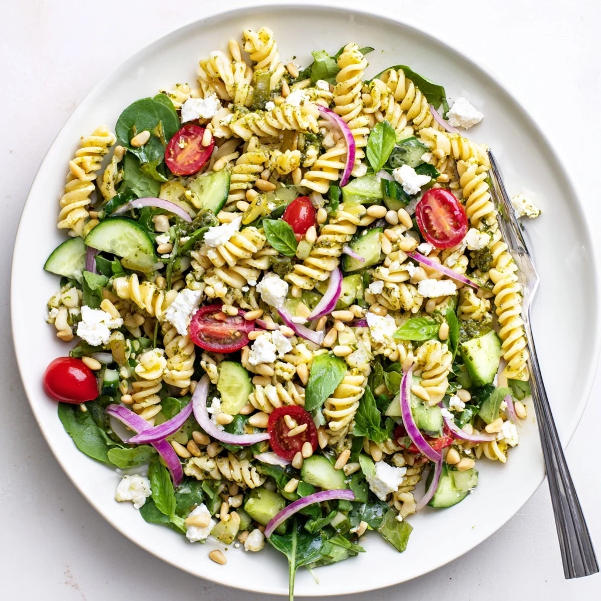 Refreshing summer pasta salad featuring tender mixed greens, crisp vegetables, and tangy lemon dressing
