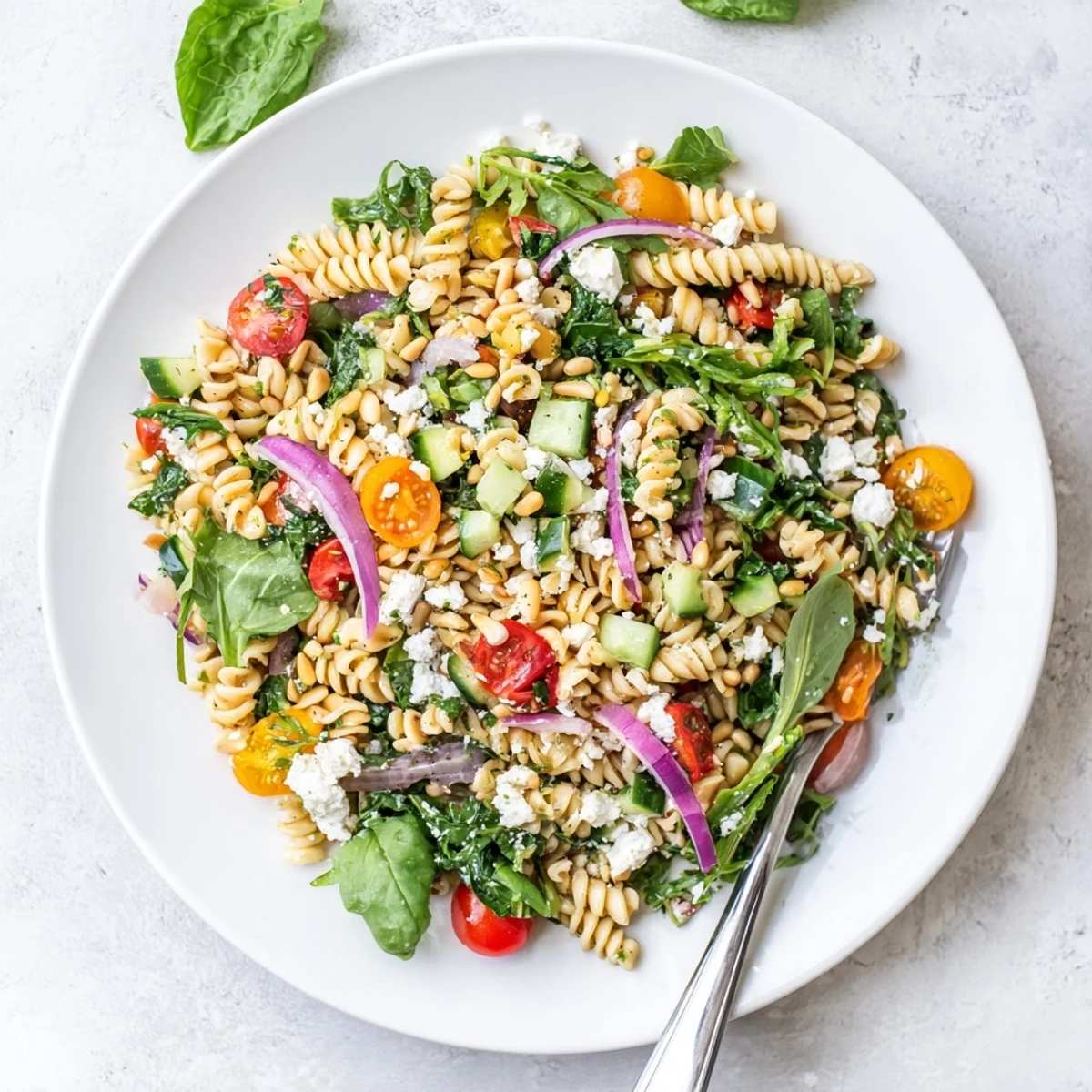 Colorful summer pasta salad with baby greens, cherry tomatoes, and crumbled feta in a white bowl