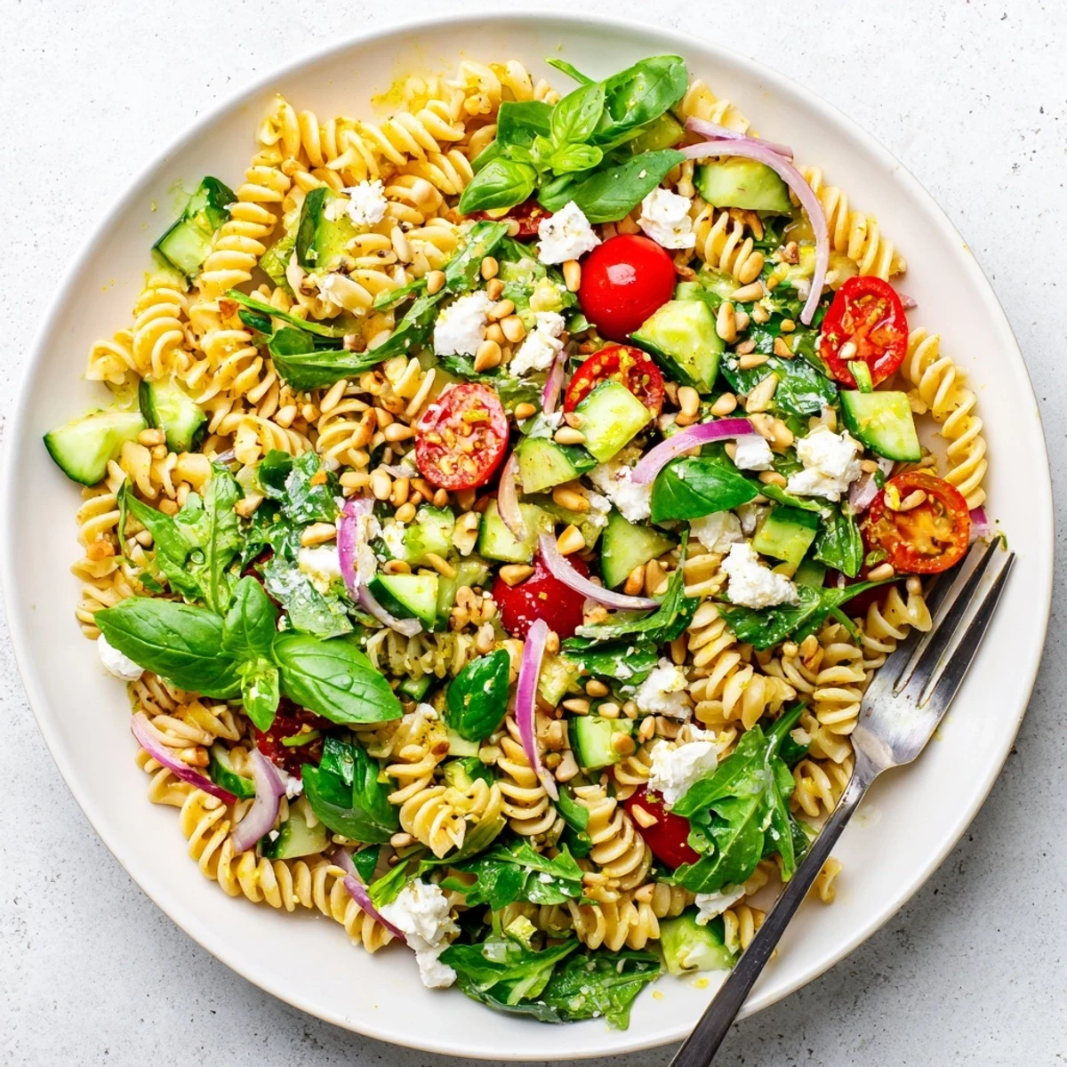 Light summer pasta salad with baby greens, diced peppers, and toasted pine nuts for easy lunches