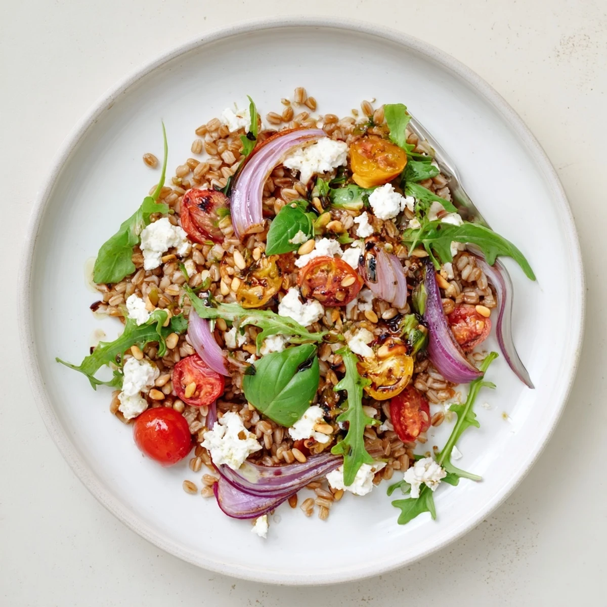 Golden slow-roasted tomato farro salad with fresh herbs and crumbled feta cheese topping