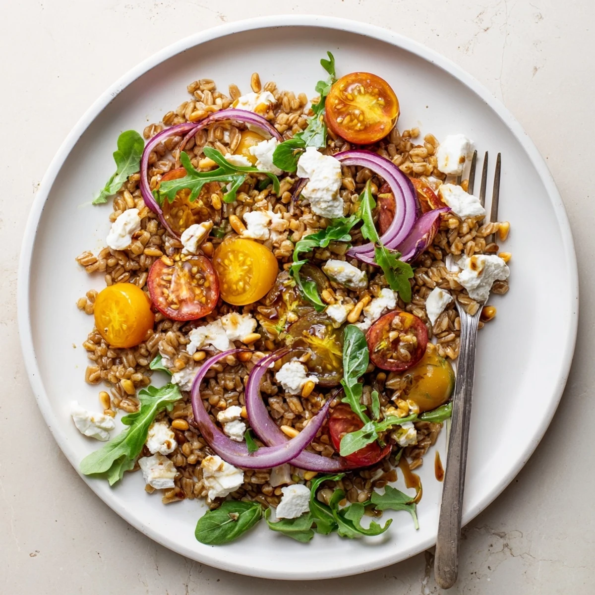 Hearty Mediterranean grain bowl featuring chewy farro, sweet roasted tomatoes, and peppery arugula