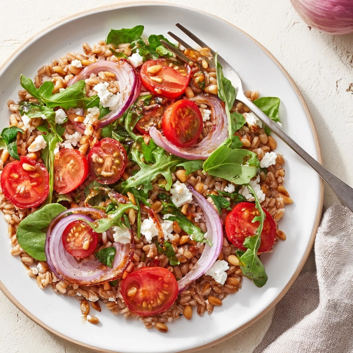 Colorful vegetarian salad plate with nutty farro, caramelized cherry tomatoes, and basil garnish