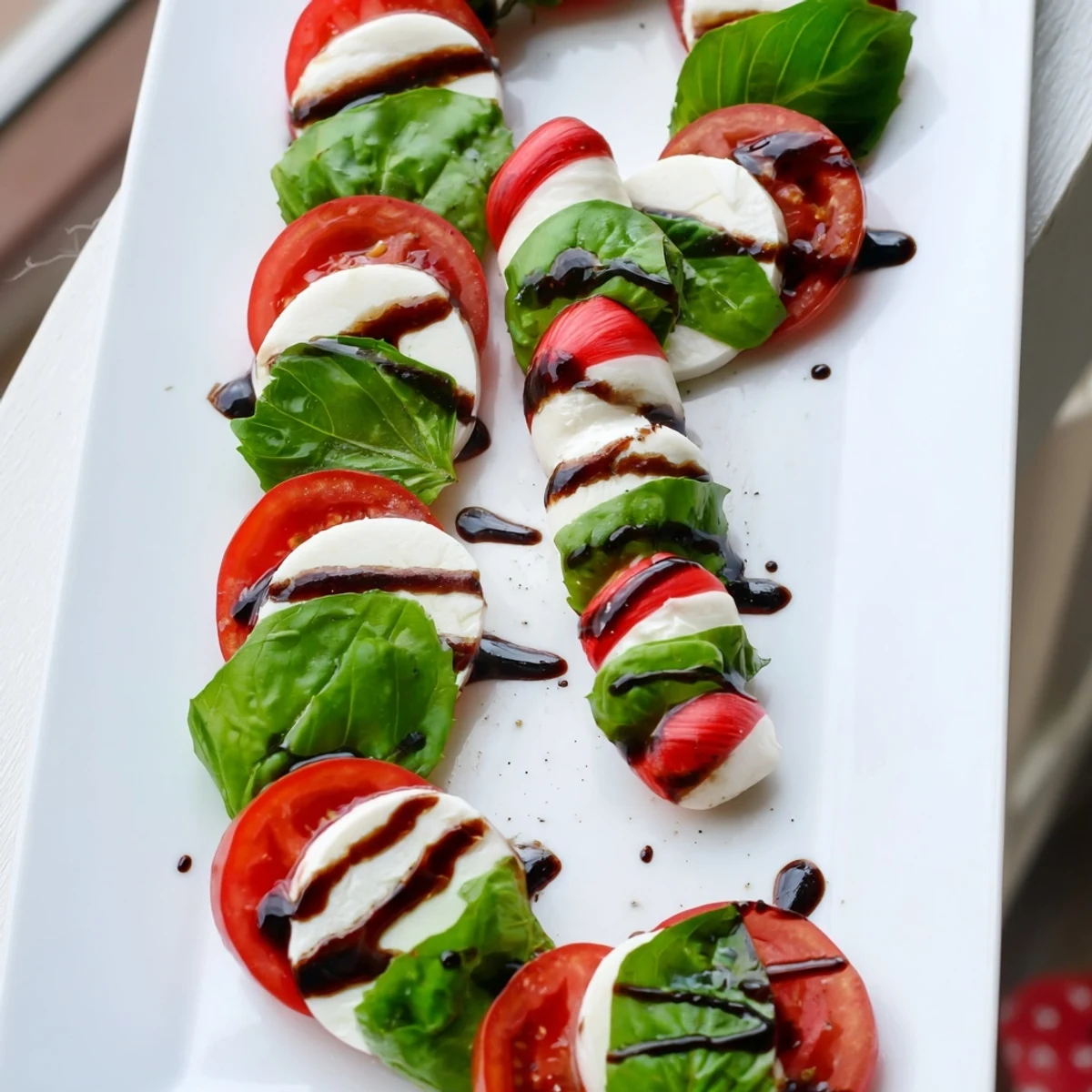 Holiday appetizer featuring Christmas candy cane caprese salad drizzled with balsamic glaze and fresh basil