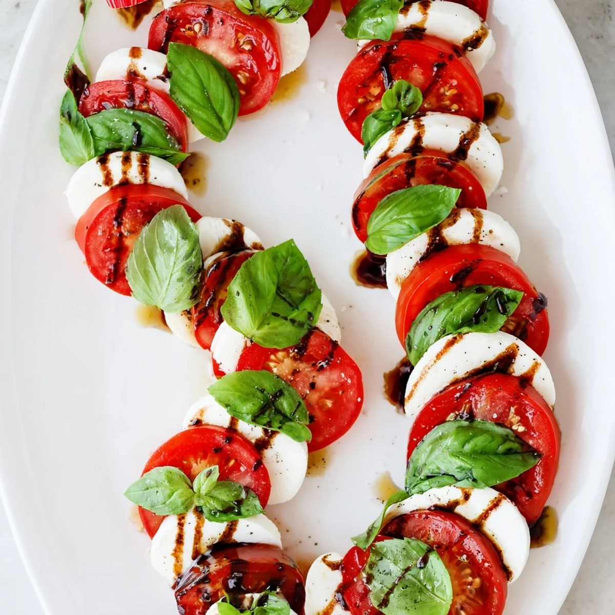Festive Christmas candy cane caprese salad arranged with red tomatoes and white mozzarella on a platter