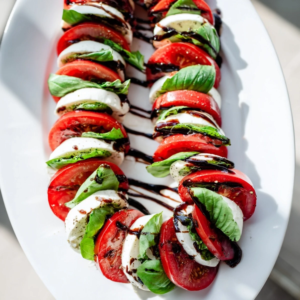 Christmas candy cane caprese salad displaying alternating tomato and mozzarella slices shaped like a holiday candy cane