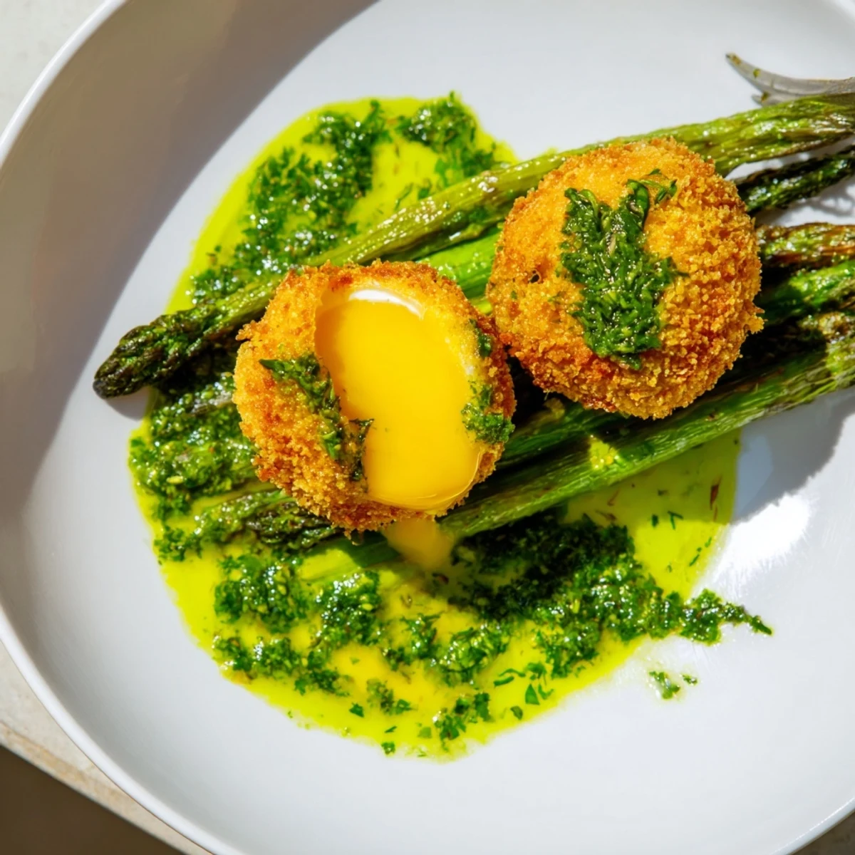 Crispy fried egg yolks nestled atop charred asparagus with a creamy lemon herb dressing