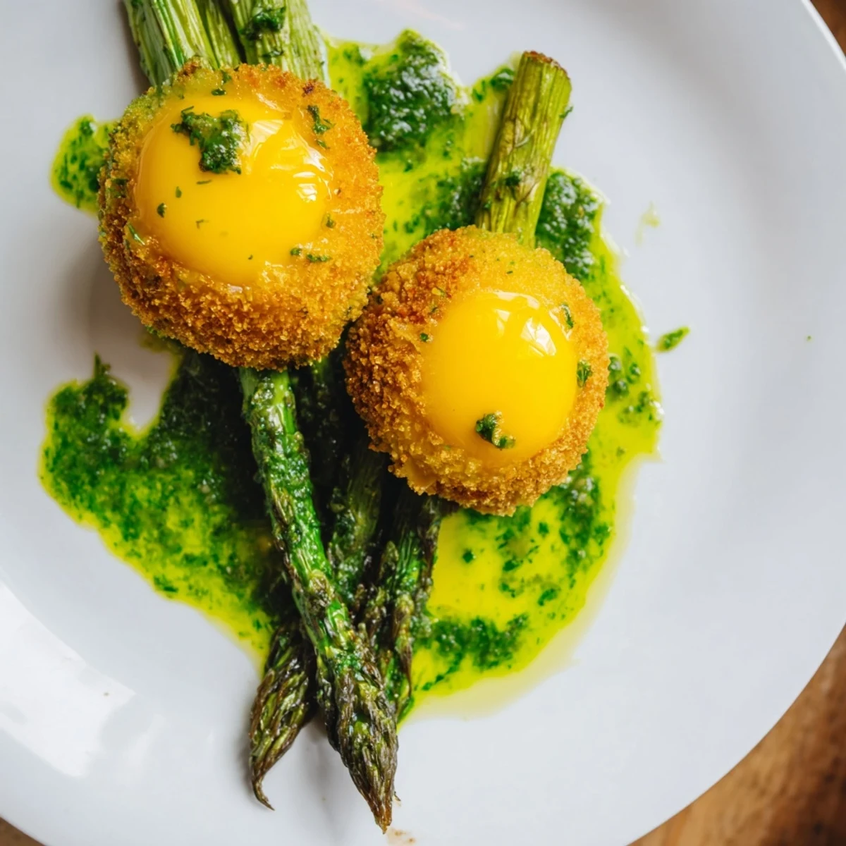 Golden crispy egg yolks with tender grilled asparagus spears drizzled with bright green herb sauce