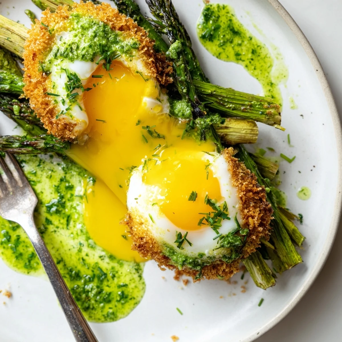 Golden breadcrumb-coated egg yolks arranged over fresh asparagus with a vibrant herb oil glaze