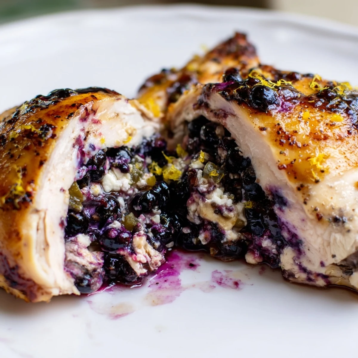 Golden brown stuffed chicken breast oozing sweet and spicy blackberry cream cheese filling