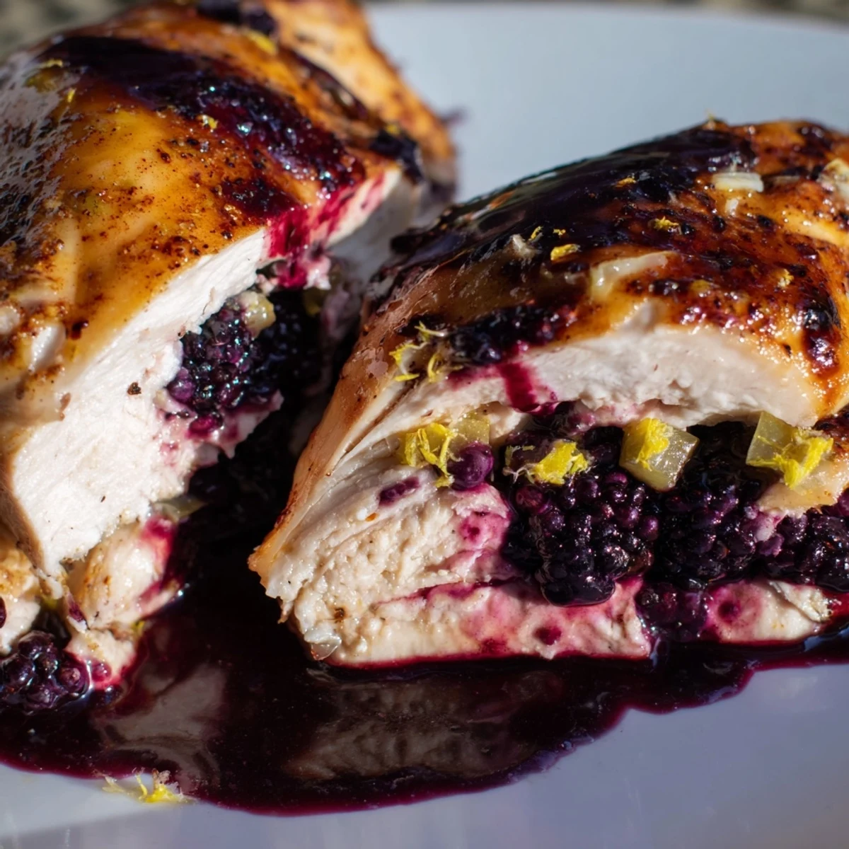 Juicy honey glazed blackberry stuffed chicken breast with balsamic shine and fresh blackberries