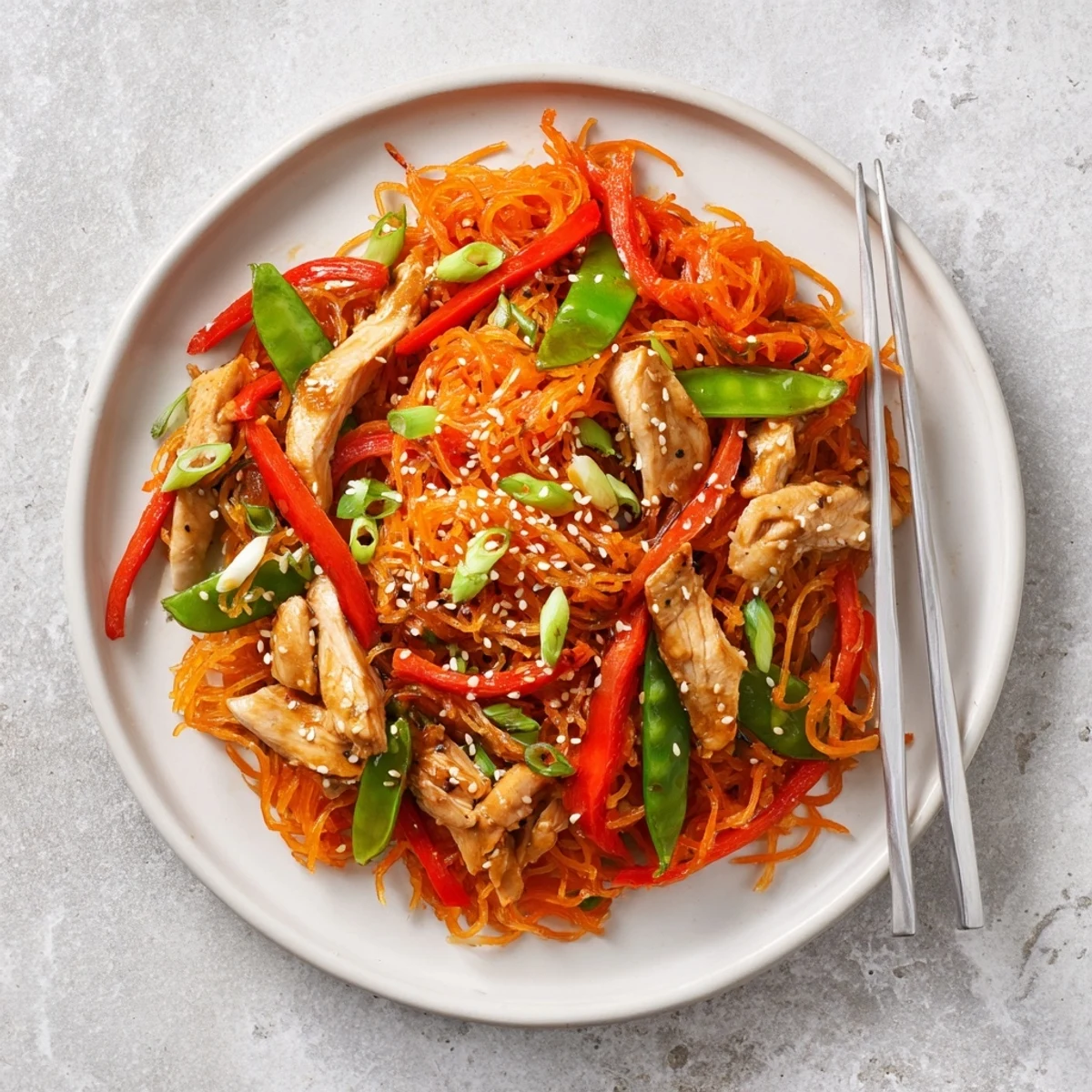 Golden spaghetti squash strands tossed with tender chicken and crisp colorful vegetables in savory Asian sauce