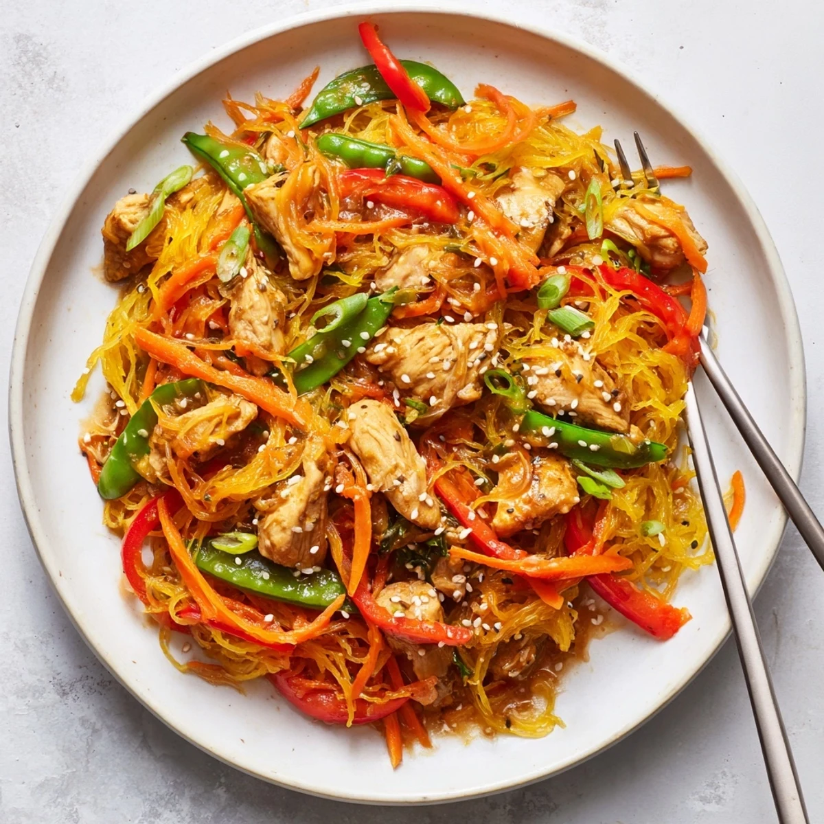 Roasted spaghetti squash chow mein topped with sliced chicken breast, snap peas, and shredded carrots in gluten-free sauce