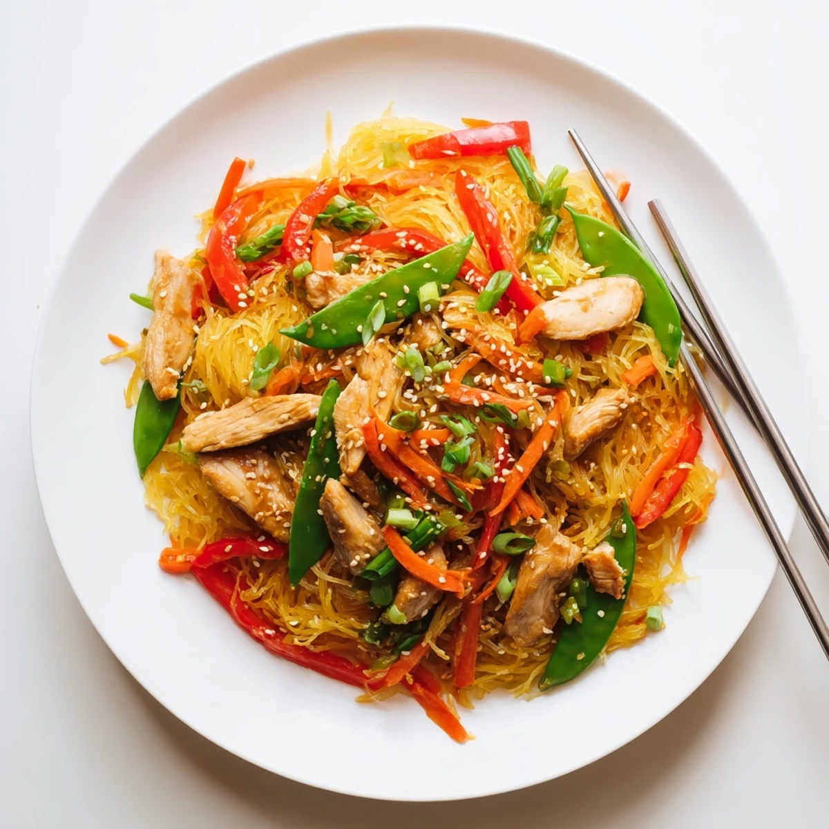 Lighter chow mein dish featuring spaghetti squash noodles with chicken, bell peppers, and sesame-sprinkled vegetables