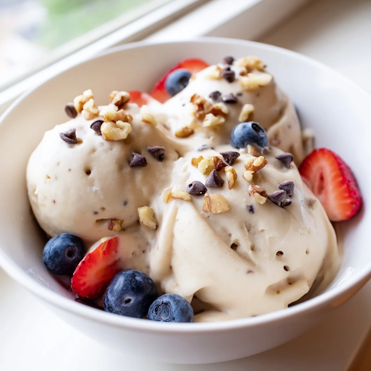 Creamy banana nice cream topped with fresh berries and chopped nuts in a white bowl