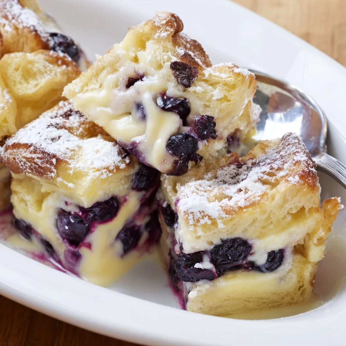 Buttery croissant layers swirled with sweet cream cheese and juicy blueberries in this breakfast bake