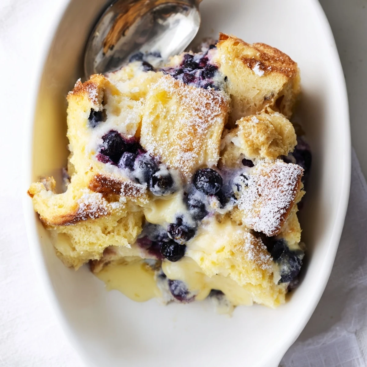 Golden blueberry cream cheese croissant casserole fresh from the oven with powdered sugar dusting