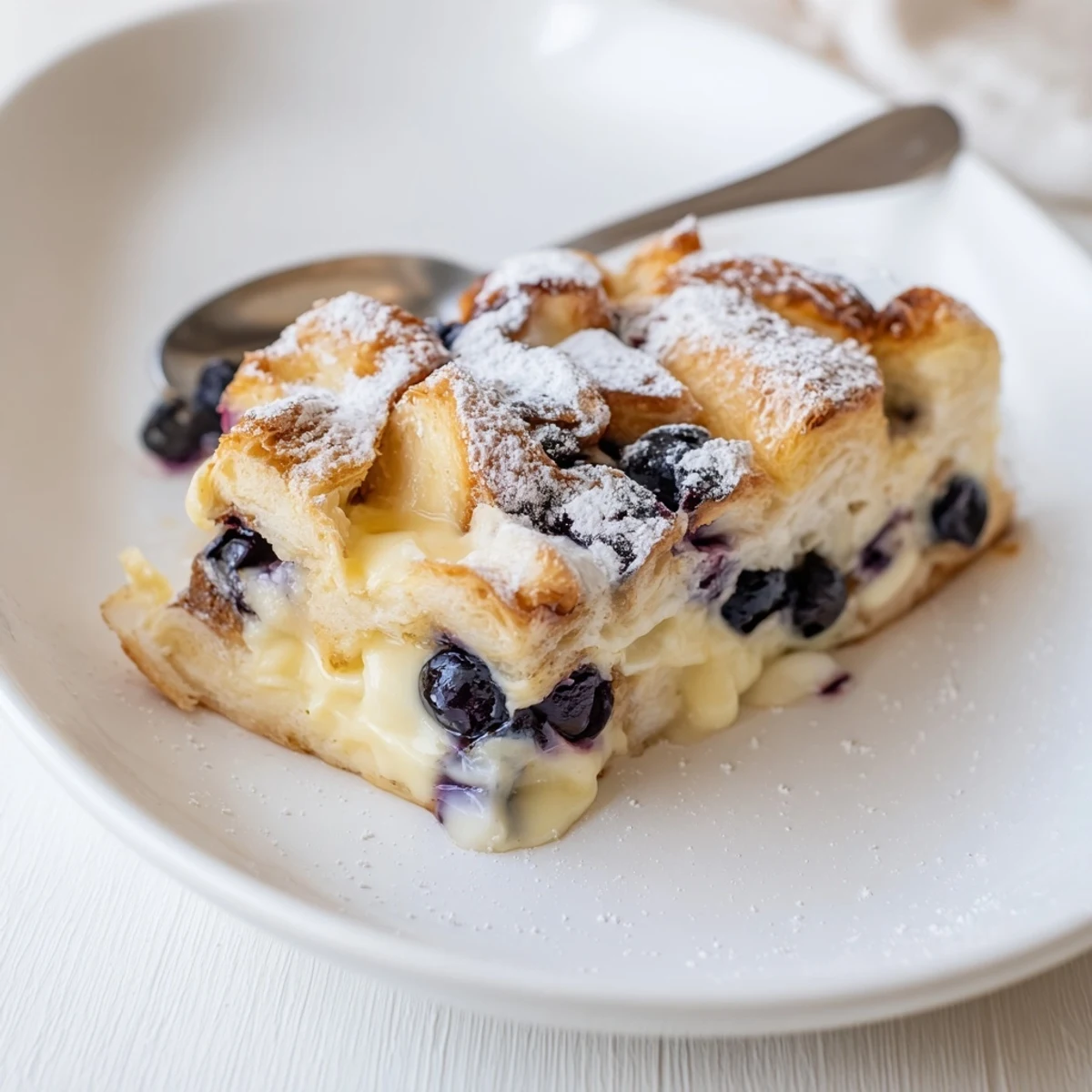 Close-up of blueberry cream cheese croissant casserole serving with maple syrup and whipped cream