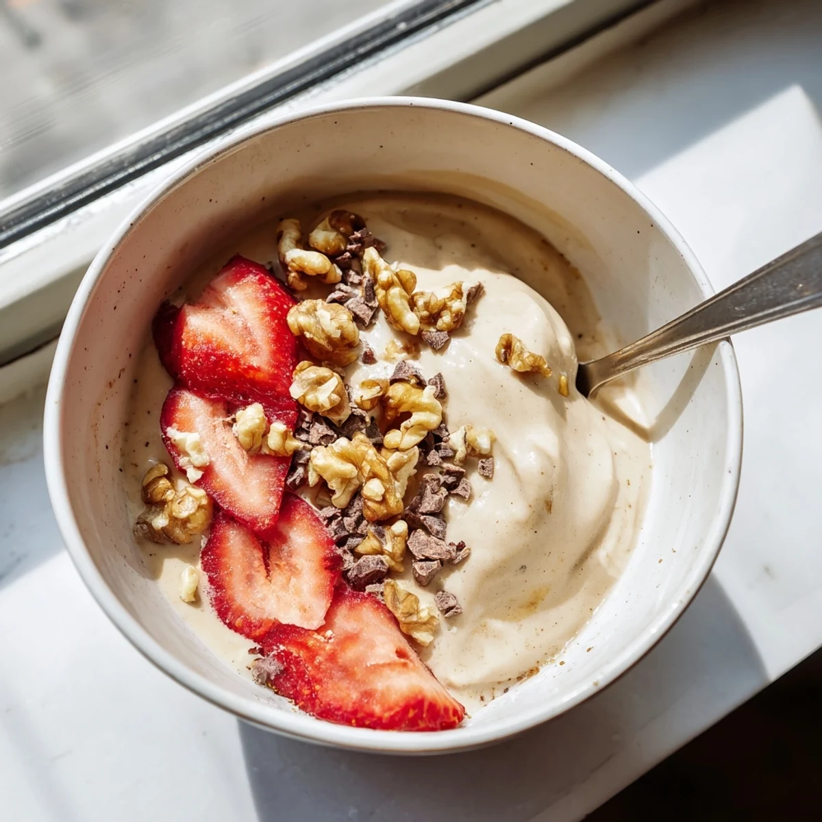 Dairy-free healthy nice cream recipe blended smooth and topped with cacao nibs and banana chunks