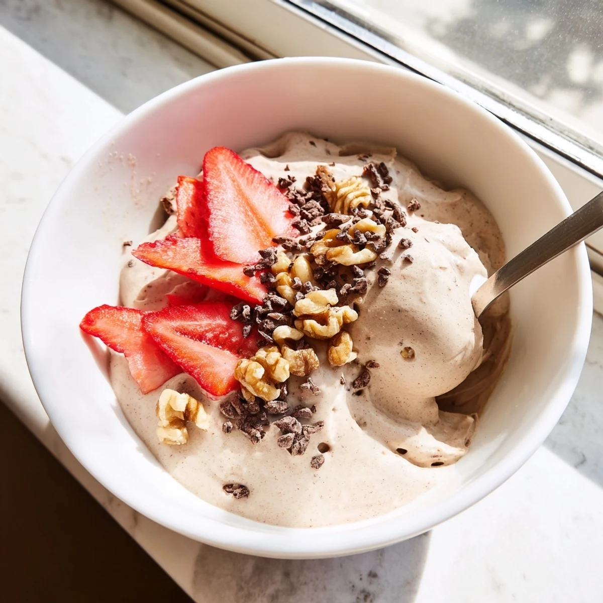 Vegan healthy nice cream recipe with swirls of frozen berries and vanilla essence