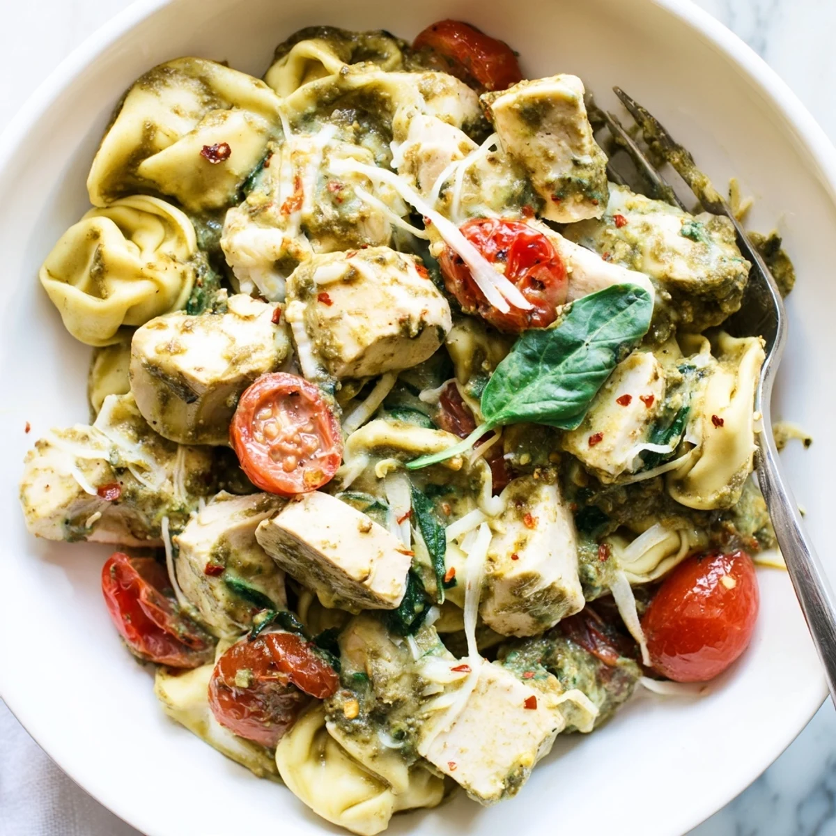 Slow Cooker Tortellini Casserole With Cheesy Chicken Pesto bubbling, creamy, topped with melted mozzarella.