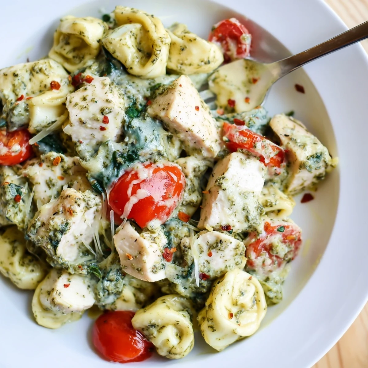 Slow Cooker Tortellini Casserole With Cheesy Chicken Pesto served steaming in rustic casserole dish