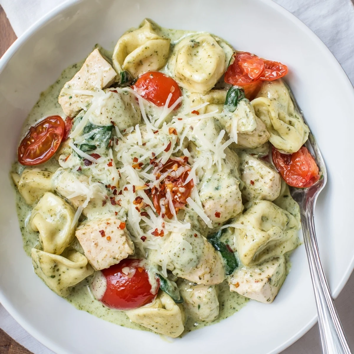 Slow Cooker Tortellini Casserole With Cheesy Chicken Pesto herbaceous aroma, gooey cheese, fork-ready portions.